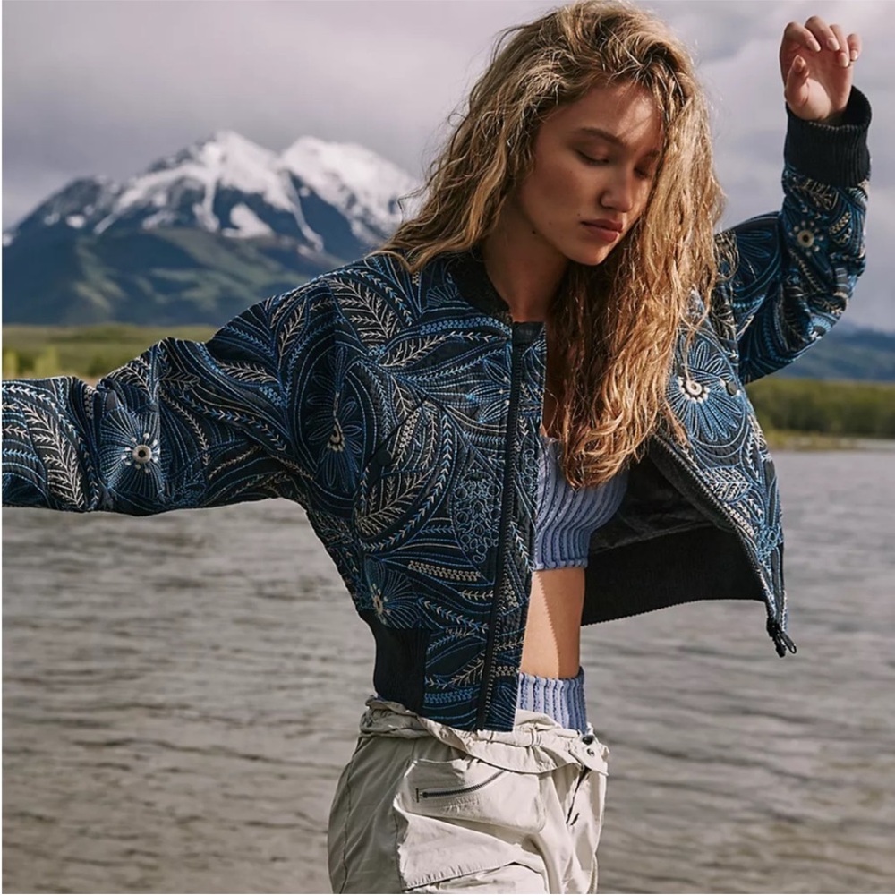 Free People Garden Party Blue Embroidered Floral Bomber Jacket